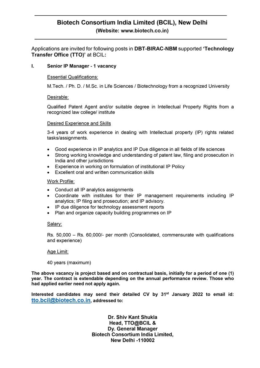 Biotech4India's tweet photo. Challenging opportunity to work as IP Professional in BCIL, New Delhi. Apply for the post of Senior IP Manager at Technology Transfer Office at BCIL. https://t.co/z3Bsp8tw4B