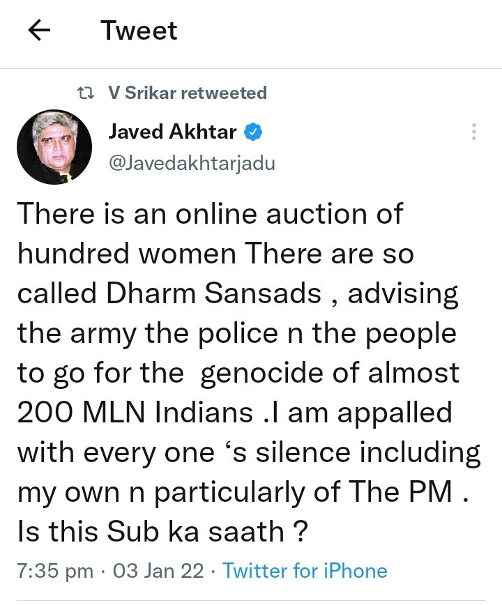 brazenlyt's tweet photo. @Javedakhtarjadu brought out the savarkar in him today. How else was he going to convince the sanghis that the arrest of their boy was #notinhisname , after what he said earlier ?
Today's tweet was simply an apology for this earlier tweet, which sanghis could've held against him https://t.co/A9ezdVBpJe