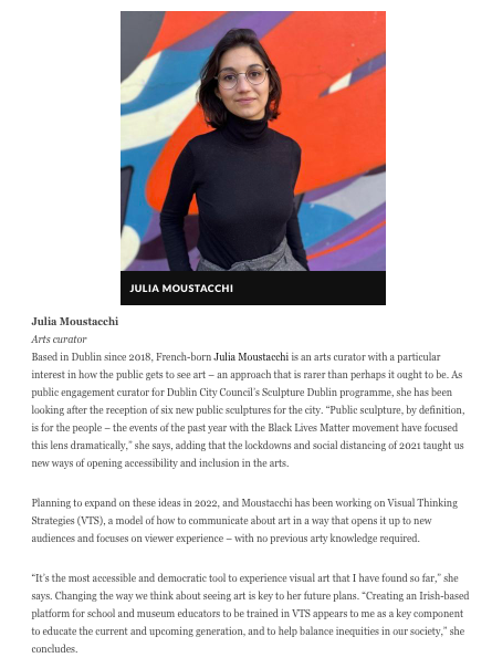 jujubmouss's tweet photo. Honoured to start the year with a mention in The Irish Times - 50 people to Watch in 2022 🙏😊 Glad to see the importance of how art is engaged with by the public under the spotlight! Exciting challenges ahead for 2022 🥳 https://t.co/jkMAIgRXCy https://t.co/mkwZpJAVsd
