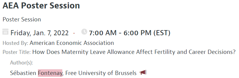 FontenaySbasti1's tweet photo. No need to travel to the USA✈️for #ASSA2022 and hear about my research on how maternity leave allowance💵shapes fertility👶and career decisions💼 My poster &amp; audio presentation are available online👉https://t.co/8qjUb7QUar https://t.co/t80Oridyqj