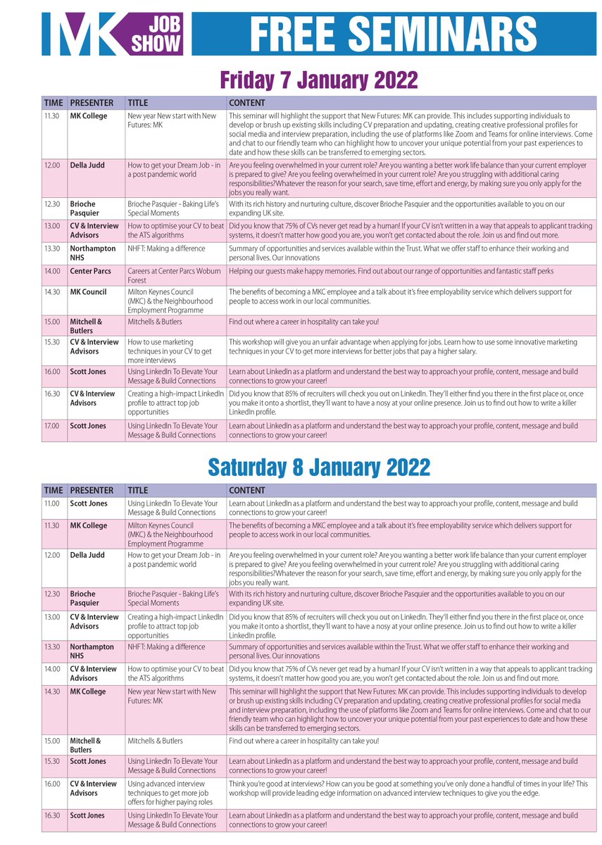Check out the official Seminar Timetable of the upcoming MK Job Show this weekend!

Hear from so many great exhibitors discuss topics ranging from writing the perfect CV all the way to building connections!

Don't miss out!