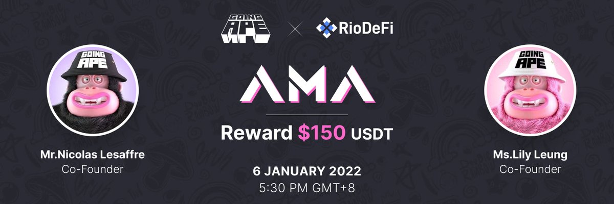 riodefiofficial's tweet photo. Hey 🦍s, it's @AMA time!

#RioDefi x @GoingApe_io x 150 USDT

🗣Mr. Nicolas Lesaffre &amp; Ms. Lily Leung - Co-founders of Going Ape   
⏰17:30 (UTC+8) January 6th 2022
🎁Reward: 15O USDT for best questions
👉Submit Qs here: https://t.co/LzlUBpC78W
📍Live at: https://t.co/QuNecqx1fr https://t.co/Hm1bP5WjlS