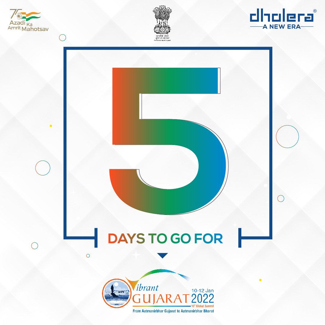 DholeraOfficial's tweet photo. We are glad to be a part of the 10th Edition of @VibrantGujarat global summit 2022.

Countdown to 5 days for the mega event!

Visit us at the Vibrant Gujarat Global Summit to be held from 10th to 12th January 2022 at Mahatma Mandir. https://t.co/z1KrJNhJZ2