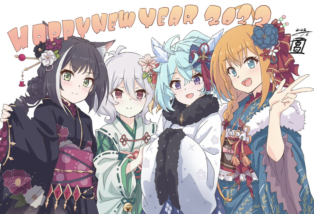 karyl (princess connect!) ,kokkoro (princess connect!) ,pecorine (princess connect!) black kimono multiple girls kimono japanese clothes streaked hair green kimono animal ears  illustration images