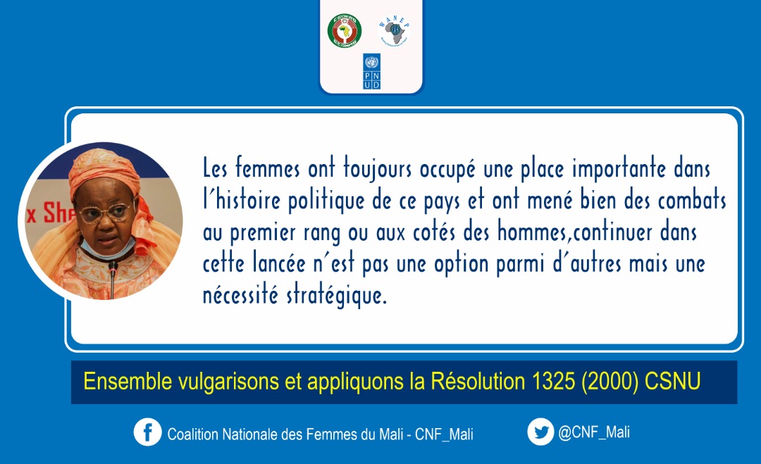 CNF_Mali's tweet photo. #JOUR2
Campagne digitale de la @CNF_Mali sur agenda Femme, Paix et Sécurité #FPS 
«Ensemble vulgarisons et appliquons la Résolution 1325» 
#CNF_Mali
#Resolution1325
#Allforgenderinclusion
#ToutPourLinclusionDuGenre
#Wanep_Régional 
#Wanep_Mali
#ABM https://t.co/zDfQLTHbcx