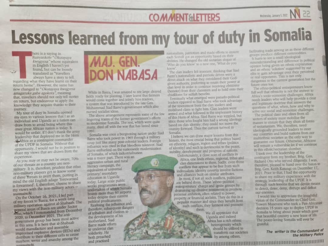 on X: Don't forget to catch up with this good read as Maj Gen Don Nabasa  shares his experience & lessons learned as Uganda Contingent Commander in  Somalia in today's newvision
