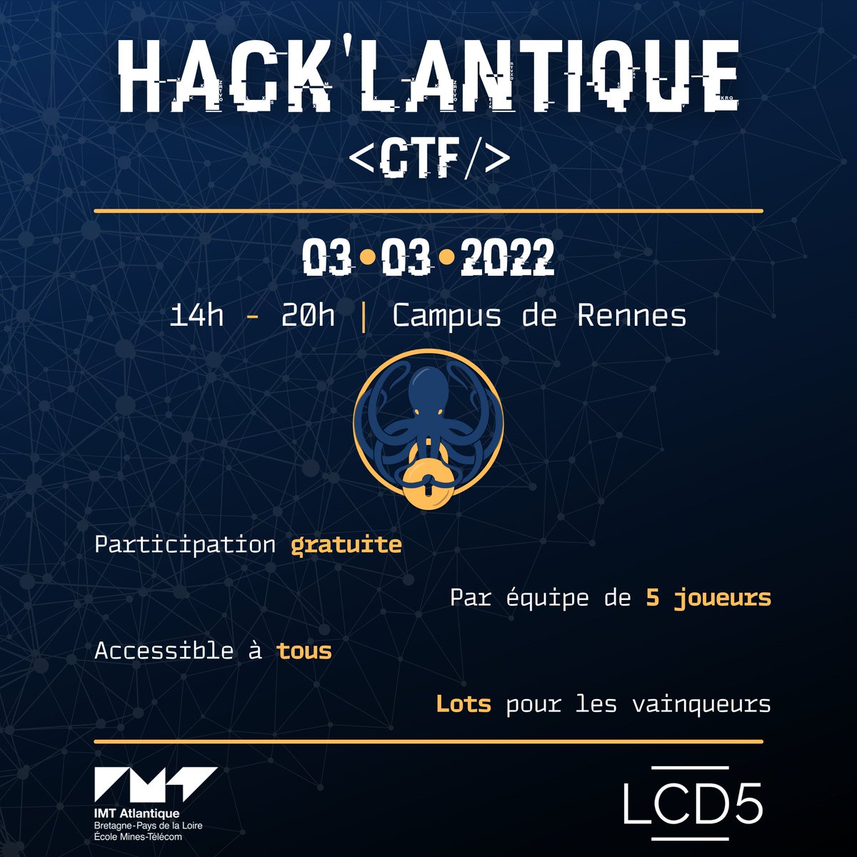hacklantique's tweet photo. Voici le poster de l'événement, bientôt affiché dans les différents campus ! 🐙🕵🏼‍♂️ https://t.co/ZkmpExzajT