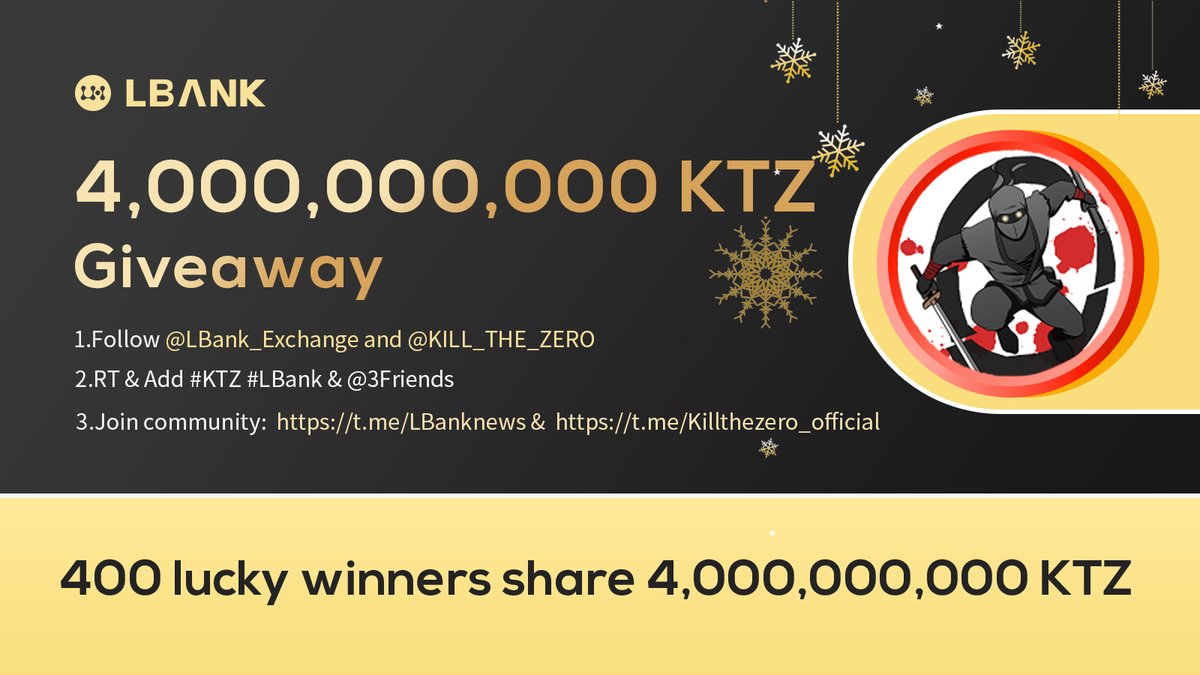 LBank_Exchange's tweet photo. 🎊KTZ #Airdrop!

💰400 lucky winners share 4,000,000,000 $KTZ:
✅Follow us &amp; @KILL_THE_ZERO
✅RT &amp; Add  #KTZ #LBank &amp; @ 3 Friends
✅Join: https://t.co/X7E1oK1yIG &amp; https://t.co/Tm2EXa9dql
✅Fill in:https://t.co/RCuFPkUqxT

Trade:https://t.co/q5vUvet3nz

#crypto #giveaway https://t.co/19DJvD5Phc