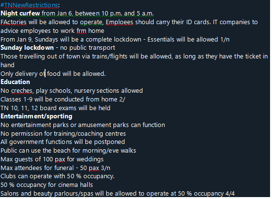 ramyakannan's tweet photo. Some of the key new restrictions that come into play in TN #COVID-19 #Omicron #lockdown https://t.co/J6IV5yqGqg