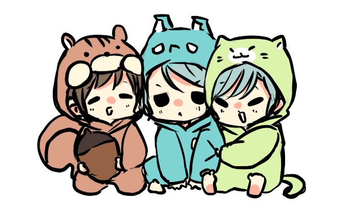 hikawa hina ,hikawa sayo multiple girls 3girls animal costume sitting brown hair white background aqua hair  illustration images