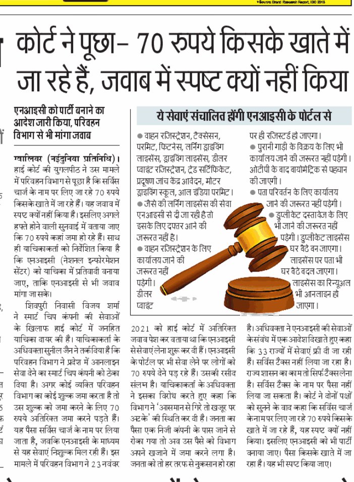 vijaybindas786's tweet photo. @ChouhanShivraj सरकार के कमाऊ महकमे #TransportDepartment  के अफसरों का नया कारनामा ।
#highcourt_gwalior में दे दिया गलत जबाब वो भी एक प्राइवेट कंपनी #smartchiplimited को बचाने के चक्कर में।
अब #HighCourt  ने तरेरी आंखे 12 जनवरी को मांगा स्पष्ट जबाब।
पढ़े पूरी खबर https://t.co/TQfttdg4rD