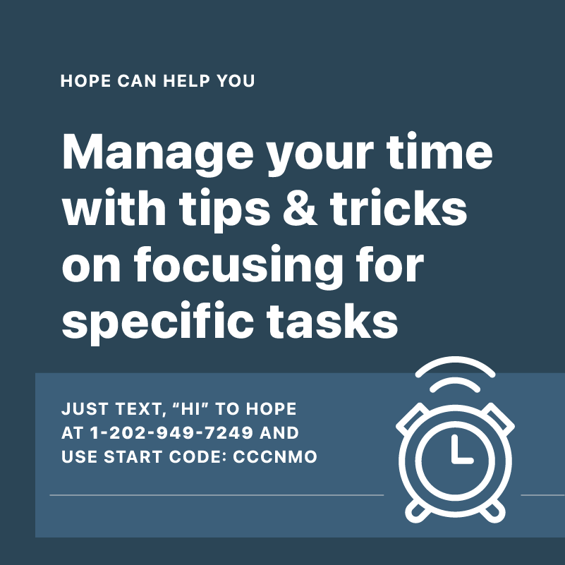 cccnmo's tweet photo. Keep your #resolutions this year with Hope, the FREE digital mental health tool. Text "Hi" to Hope at 1-202-949-7249 and use Start Code: CCCNMO. You can work on communication skills, time management, better sleep and more when you #ConnectWithHope. https://t.co/CWtcSCoVZL