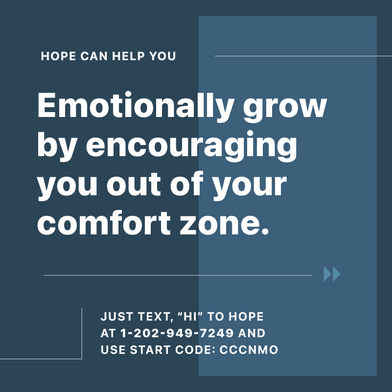 cccnmo's tweet photo. Keep your #resolutions this year with Hope, the FREE digital mental health tool. Text "Hi" to Hope at 1-202-949-7249 and use Start Code: CCCNMO. You can work on communication skills, time management, better sleep and more when you #ConnectWithHope. https://t.co/CWtcSCoVZL