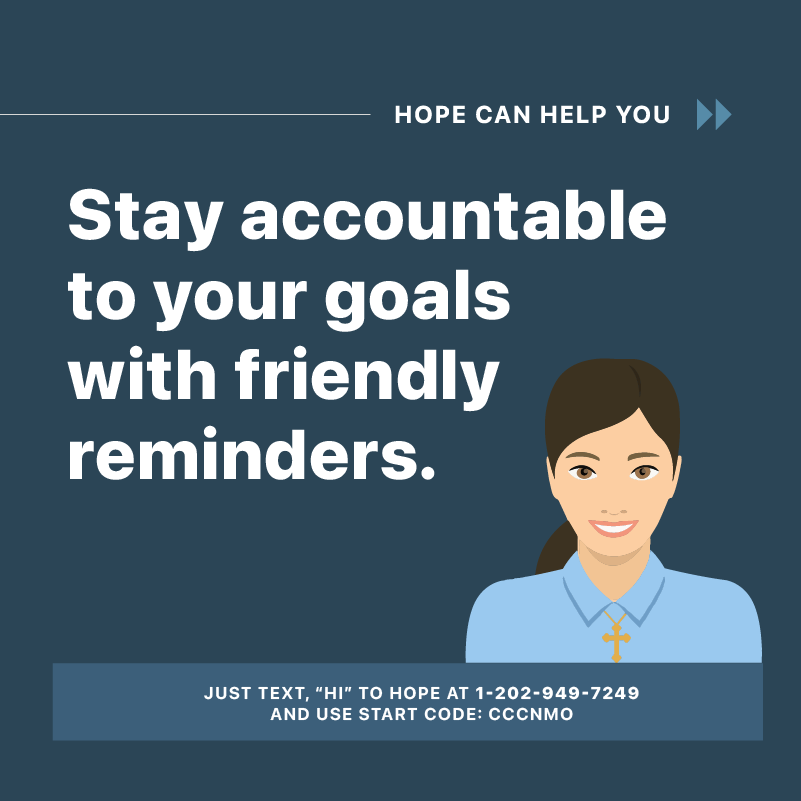 cccnmo's tweet photo. Keep your #resolutions this year with Hope, the FREE digital mental health tool. Text "Hi" to Hope at 1-202-949-7249 and use Start Code: CCCNMO. You can work on communication skills, time management, better sleep and more when you #ConnectWithHope. https://t.co/CWtcSCoVZL