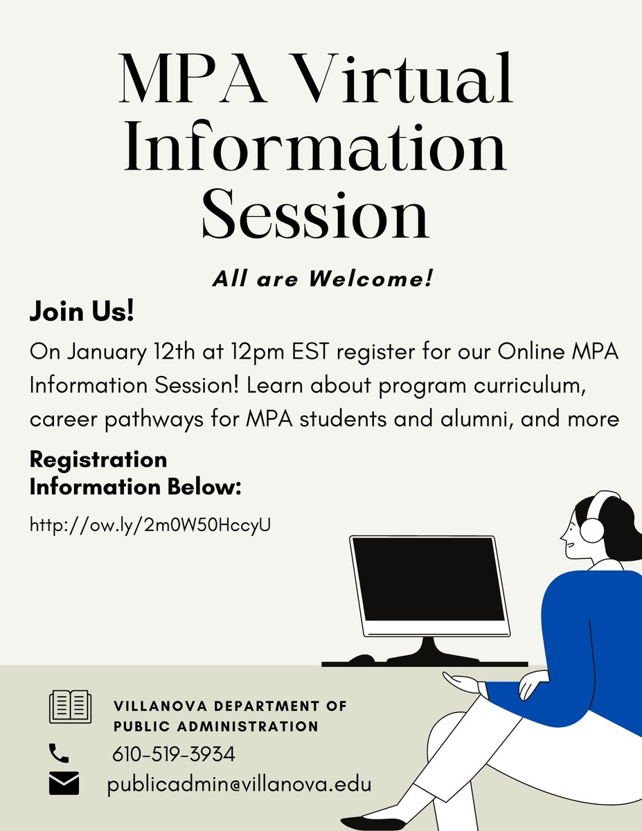 VU_PADepartment's tweet photo. Join us on January 12th at 12pm EST for our Online MPA Information Session! Learn about program curriculum, career pathways for MPA students and alumni, and more. Register now: https://t.co/HLRqkkvneH #VillanovaMPA #MPAYourWay https://t.co/P9QT5sCRkw