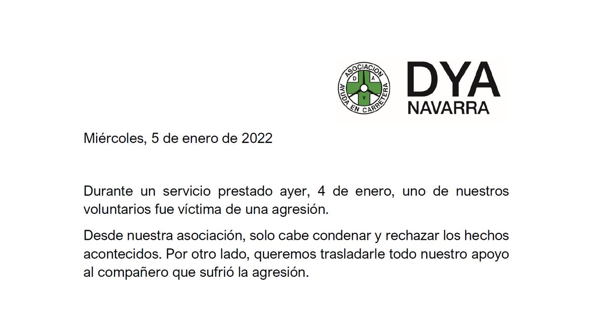 DYANavarra's tweet photo. Comunicado al respecto de la agresión sufrida ayer por uno de nuestros compañeros: https://t.co/JUyTbrbdFf