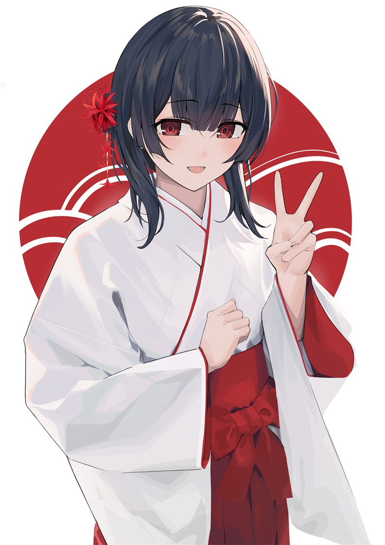 morino rinze 1girl japanese clothes solo red eyes miko white kimono red hakama  illustration images