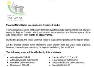 CityTshwane's tweet photo. Planned Rand Water interruption in Regions 3 and 4 https://t.co/QzZcna1WIy