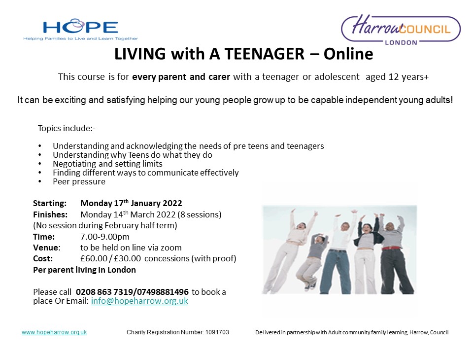 HopeHarrow1's tweet photo. We have a new online parenting course which starts on Monday 17th Jan and will run for 8 weeks
Sessions online Monday evenings 7pm to 9pm.
Living With a Teenager course is perfect for parents or carers of Teens.
Book your place info@hopeharrow.org.uk or 02088637319
#parenting https://t.co/xeV9VwLT6F
