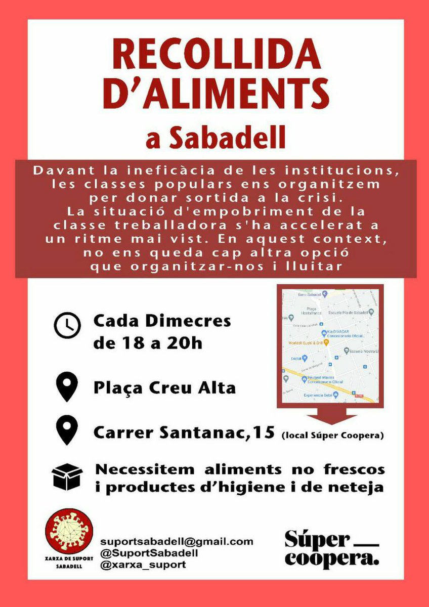 SuportSabadell's tweet photo. š¢Recollida dāaliments a la Creu Alta
šNecessitem aliments no frescos, productes dāhigiene i de neteja
šCada dimecres
š18:00 a 20h
šCarrer Santanac, 15
šPl de la creu alta
#FemBarri #FemXarxa
Organitzem-nos, aquesta crisi no la paguem
#VidaAbansQueCapital https://t.co/dkt1xebVI0