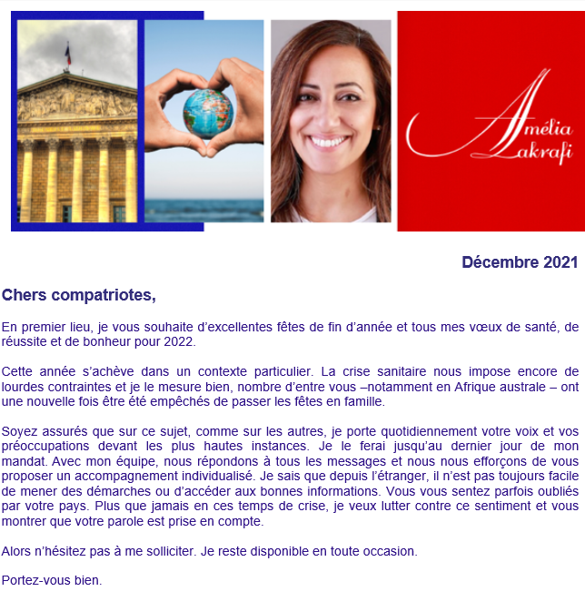 Amelia Lakrafi (@amelia_lkf) on Twitter photo #amelia_fde10 #newsletter
📌Dans ma #newsletter de décembre :
✅Maintien du secours occasionnel pour les Français de l'étranger en 2022
✅Faciliter l'accès au droit au compte
✅Mon déplacement dans les pays du Golfe avec le président <a href="/EmmanuelMacron/">Emmanuel Macron</a>
👇
urlz.fr/h4B4 #amelia_fde10 #newsletter
📌Dans ma #newsletter de décembre :
✅Maintien du secours occasionnel pour les Français de l'étranger en 2022
✅Faciliter l'accès au droit au compte
✅Mon déplacement dans les pays du Golfe avec le président <a href="/EmmanuelMacron/">Emmanuel Macron</a>
👇
urlz.fr/h4B4