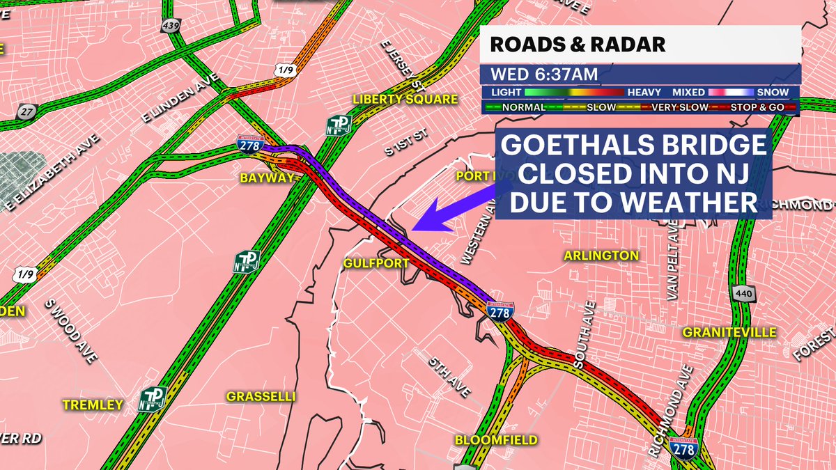 Meteor_Mike's tweet photo. Receiving reports of detours and traffic diversions in #StatenIsland for a CLOSURE of the #Goethals Bridge into Elizabeth, #NJ due to weather related incidents. Traffic is being detoured. @News12 @News12NJ @News12BX @News12BK https://t.co/80bI1EtdxE