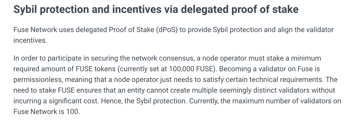 3/ Fuse Network BlockchainAn EVM compatible chain which uses a PoS to achieve consensus that is secured by independent validators. *Note: a con to this lies in the fact that there is a max number of 100 validators allowed on the network which can be deemed to be centralised.