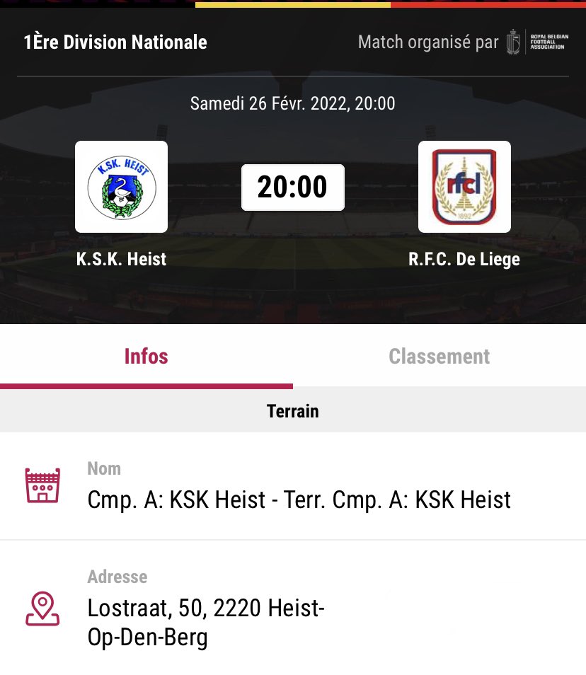 RFCLiege_news's tweet photo. La rencontre du #RFCLiège à Heist, à été reprogrammée le samedi 26 février 2022 a 20h 
#FCLHei #RFCLHeist https://t.co/4Ombl1vsG7