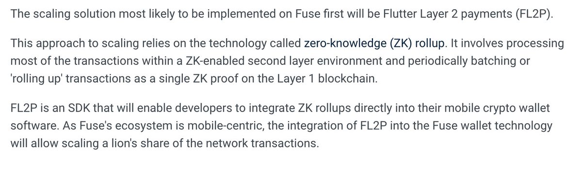 7/ Scaling SolutionIn the future, Fuse will be implementing ZK rollups to scale their network which will be known as the Flutter Later 2 Payments (FL2P).This will help Fuse manage its throughput once it becomes saturated by the incoming volume of transactions.