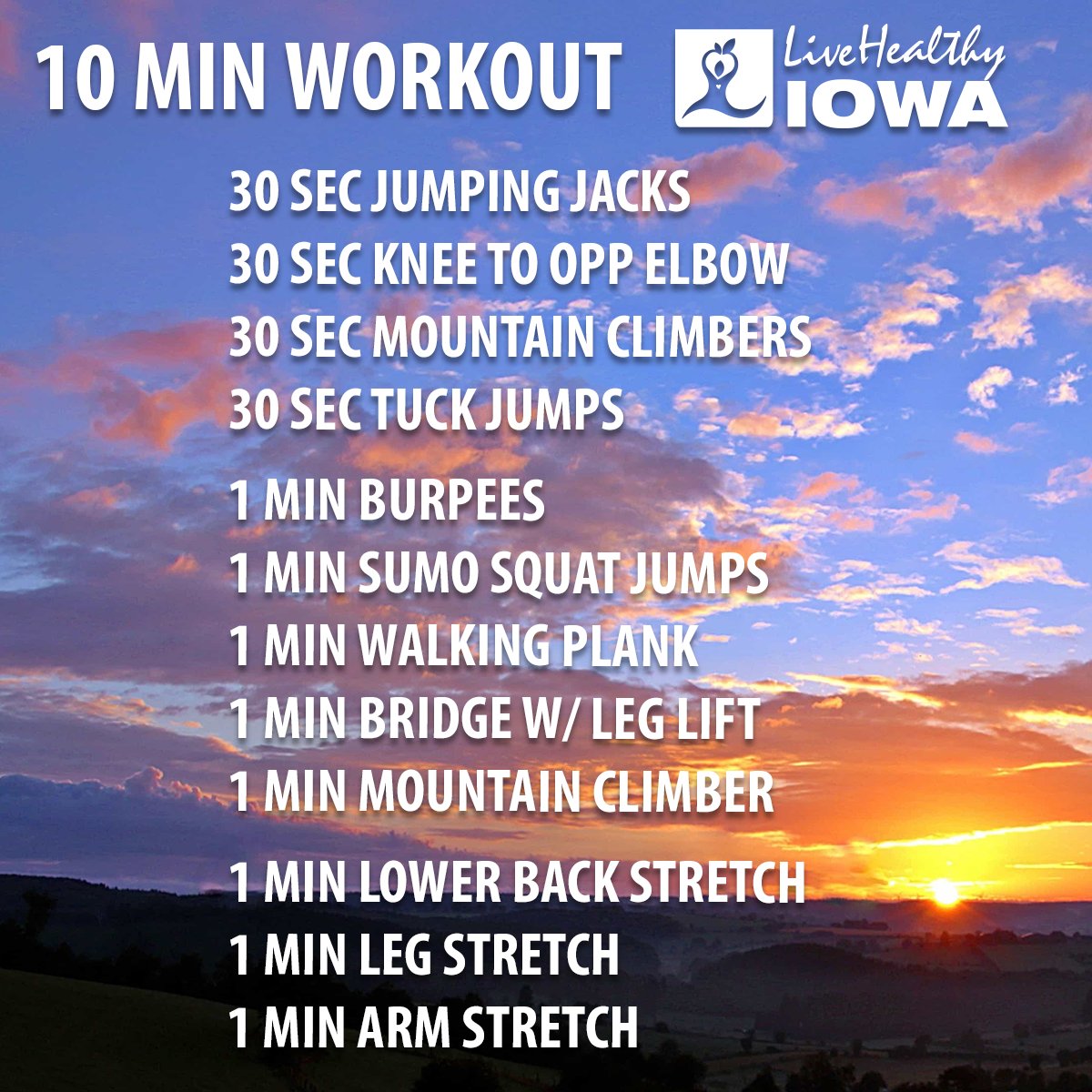 livehealthyiowa's tweet photo. This quick 10 minute workout is packed with exercises to get you moving. Add this to your normal routine or use it for a quick hitter.
#LiveHealthyIowa #keepmovingIowa #workoutWednesday https://t.co/T20X6cytk2