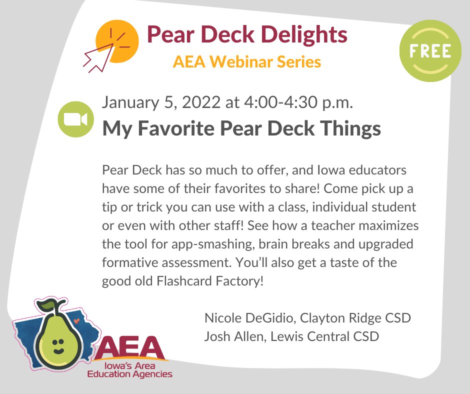 iowa_aea's tweet photo. Iowa Teachers! Join us tomorrow at 4 PM for "My Favorite Pear Deck Things" w/ Nicole DeGidio @ClaytonRidgeCSD & Josh Allen @LewisCentralCSD π»π You won't want to miss this! Register now and watch later https://t.co/2m9MAVQkTz #iaedchat #ialegis #iaedtech https://t.co/wAJlQGBZhJ