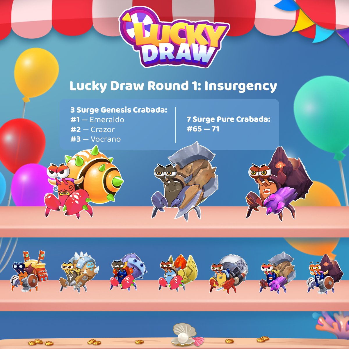 PlayCrabada's tweet photo. 📢Dear Crabadians! 

THE FIRST ROUND OF LUCKY DRAW HAS COMMENCED!!🦀🎁
https://t.co/4srR6opZvG

🦀Entries Close: 10 Jan, 12 PM UTC
🦀Winners Announced by: 11 Jan, 12 PM UTC

Amulets ( $CRAM ) can now be used to buy Lucky Draw Tickets!

More Details🍀✨
https://t.co/4vdQW3YPjg https://t.co/s4c90nFayM