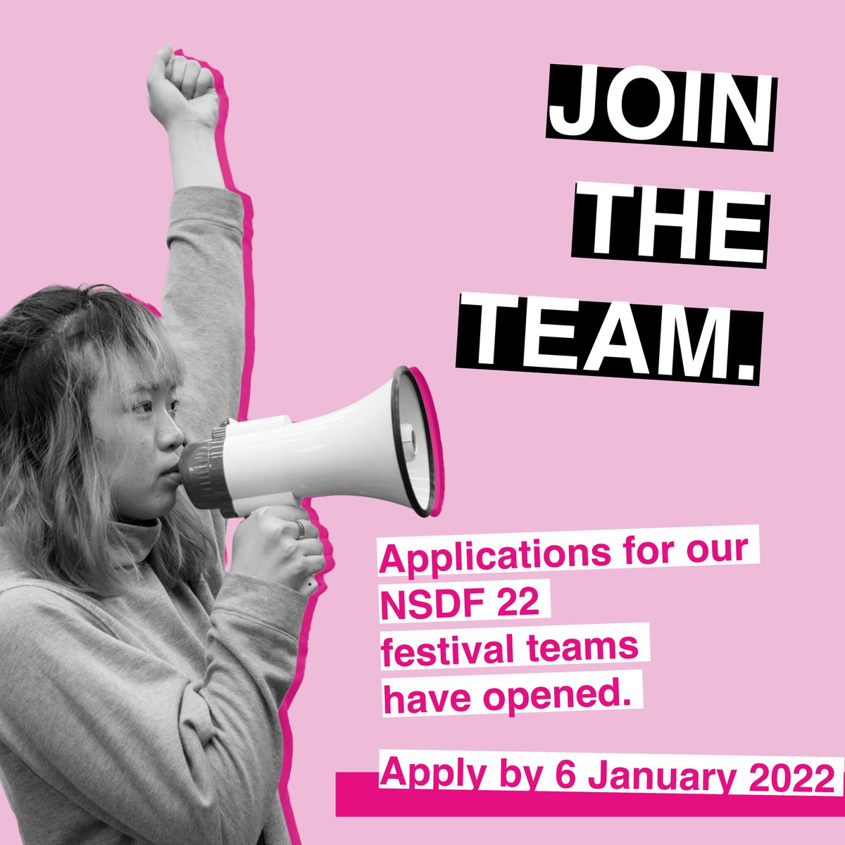 NSDFest's tweet photo. ⏰Deadline for Festival Team applications for NSDF 22 is 6th January at Midnight⏰

🥳This is a unique training opportunity open to anyone aged 16-26 and mature students looking to develop new skills and gain hands on experience https://t.co/WLQ7dsQ77e