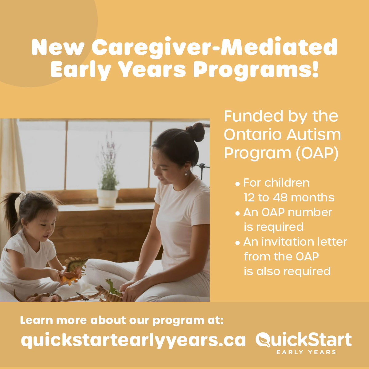 QuickstartY's tweet photo. New Caregiver-Mediated Early Years Programs!
Funded by the Ontario Autism Program (OAP).
Learn more about our program at: https://t.co/N4WorF1K4V
#QuickStartEarlyYears #OAP #autism #autismfamily #CaregiverMediatedPrgms https://t.co/qwX2t1oRhz