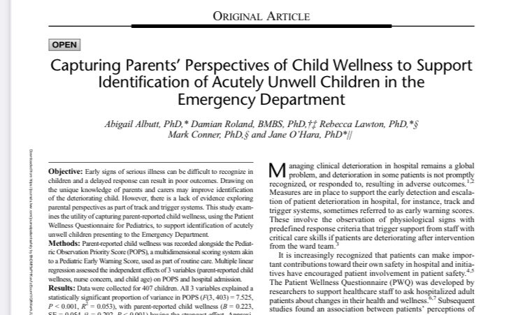 Really pleased to have this published! 

Our new paper in Journal of Patient Safety exploring the Patient Wellness Assessment in a paediatric ED setting

bit.ly/3EWh1CL

<a href="/Damian_Roland/">Damian Roland</a> <a href="/janekohara/">Jane O'Hara</a> <a href="/LawtonRebecca/">Rebecca Lawton</a>