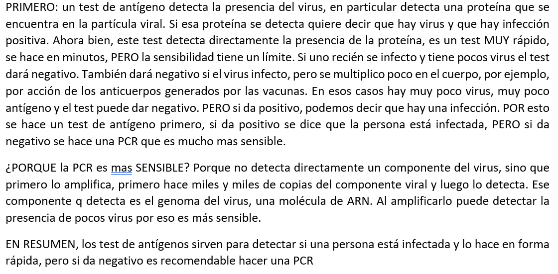 TESTEOS: porque si te da un test de antígeno negativo puede que estés infectado? Que diferencia hay entre un test de antígeno y una PCR? Es útil hacer primero un test de antígeno y luego PCR?
👇👇👇👇