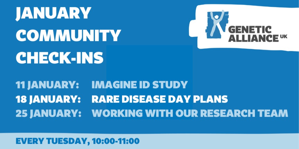 GeneticAll_UK's tweet photo. Our first Community Check-in this month starts on the 11 January! We some really exciting topics this month, take a look at what events are coming up on our website 👉https://t.co/Y1OXGCnK7T
#genetics #ImagineID #RareDiseaseDay #research #RareCondition https://t.co/1Pb12yjwxH