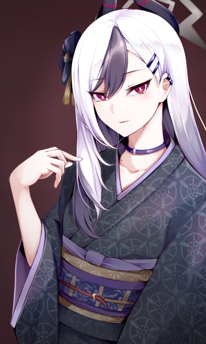 kayoko (blue archive) 1girl solo japanese clothes kimono horns white hair obi  illustration images