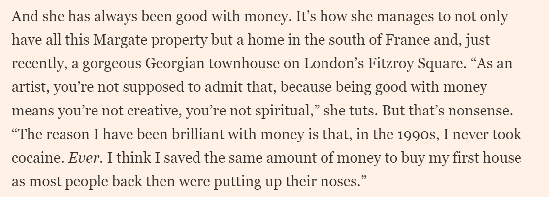 A nice counterpoint to the FT's recent interview with Courtney Love about being rubbish with money: here's Tracey Emin on being brilliant with money ft.com/content/ffd552…