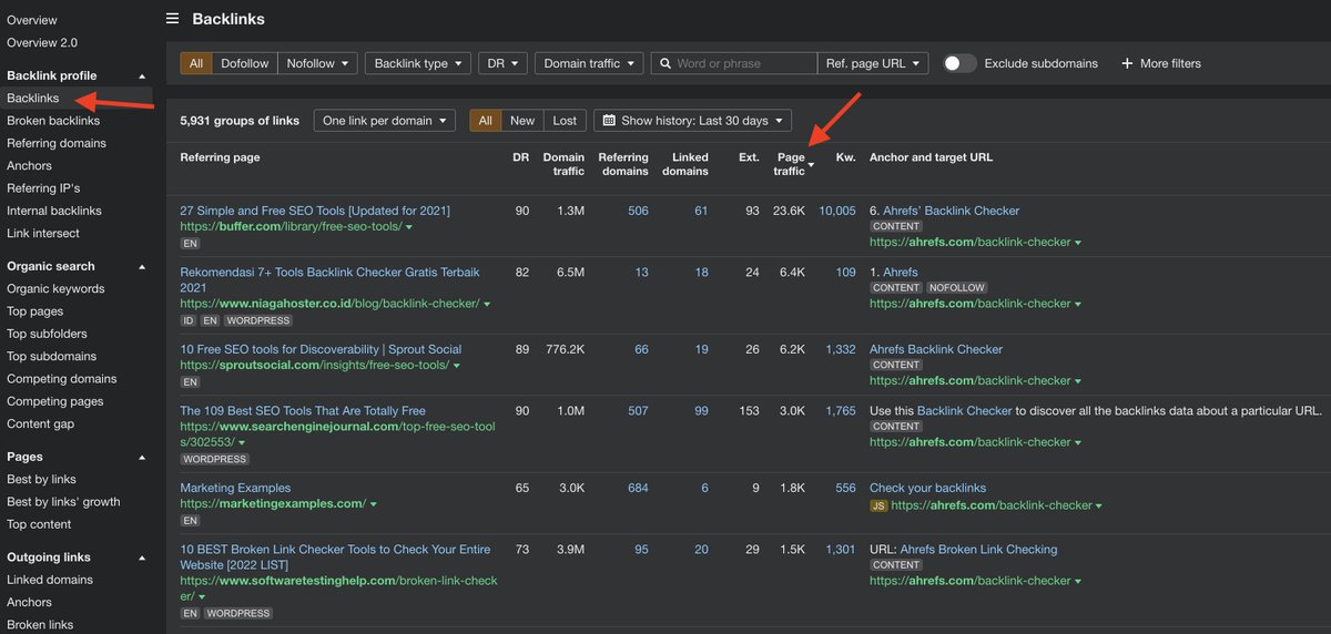 In Ahrefs, you can see how much traffic a linking page gets: Type a page that ranks for your target keyword into site explorer Go to "backlinks" Sort by page traffic Get links from the top page(s)