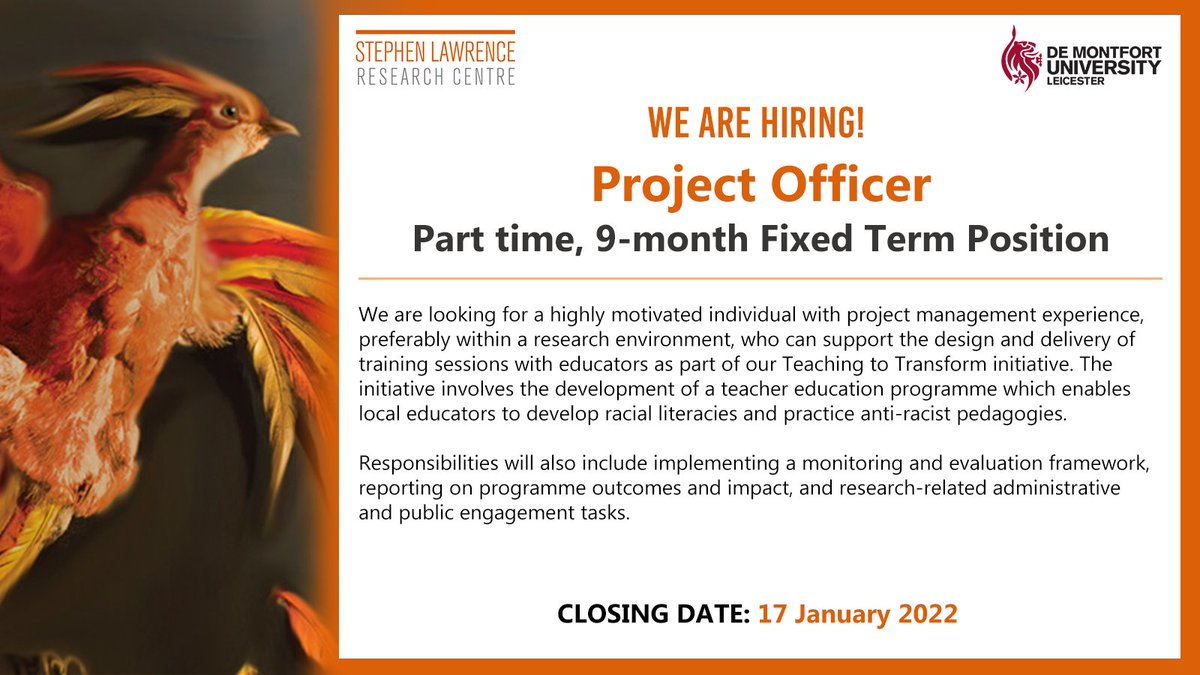 📢We are looking for a Project Officer to be a part of our Teaching to Transform initiative which involves enabling local educators to develop racial literacies and practice anti-racist pedagogies!

Deadline: 17 January 2022
Apply now! 👉bit.ly/SLRCProjectOff…