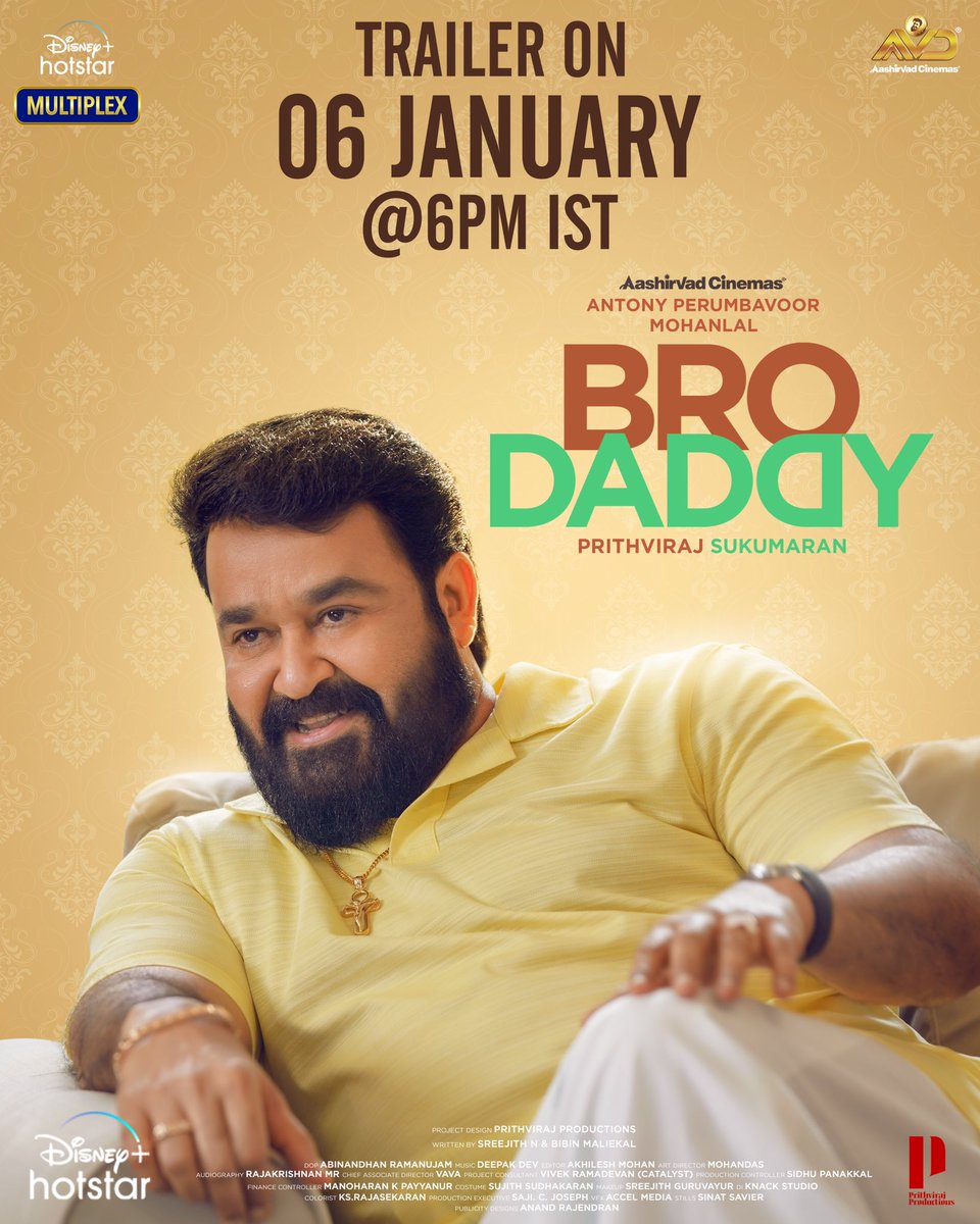 PrithviOfficial's tweet photo. #BroDaddy Trailer. Tomorrow 6pm IST. Stay tuned. 😊

@BroDaddyMovie @Mohanlal #Meena @kalyanipriyan #LaluAlex #Kaniha #Jagadish @iamunnimukundan @SoubinShahir @antonypbvr @aashirvadcine @DisneyPlusHS @PrithvirajProd  @AbinandhanR @deepakdev4u https://t.co/I8YsRnTFU7
