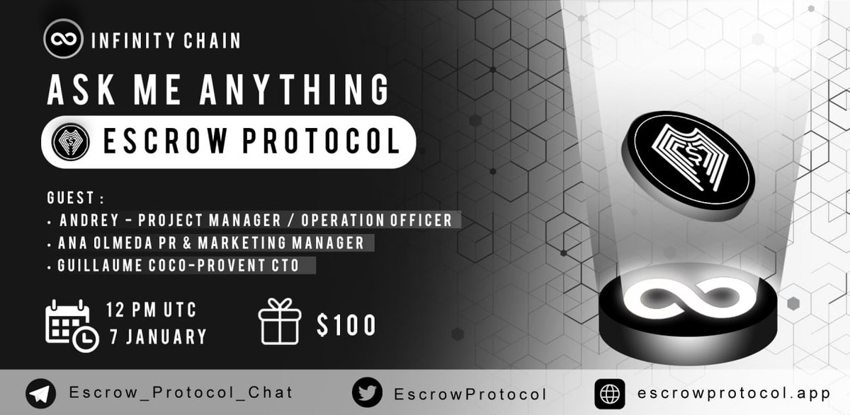 Infinity_Chains's tweet photo. We're having an #AMA with Escrow Protocol on 7 January 2022 | 12 PM UTC

Reward :  $100

Rules: 
1. Join https://t.co/4o8ibdEUui
2. Follow Twitter 
@Infinity_Chains &amp; @EscrowProtocol
Like, RT, Comment max 3 Question &amp; Tag 3 Friends

Detail https://t.co/XuGGGoH4oY https://t.co/nucUsTsXa5