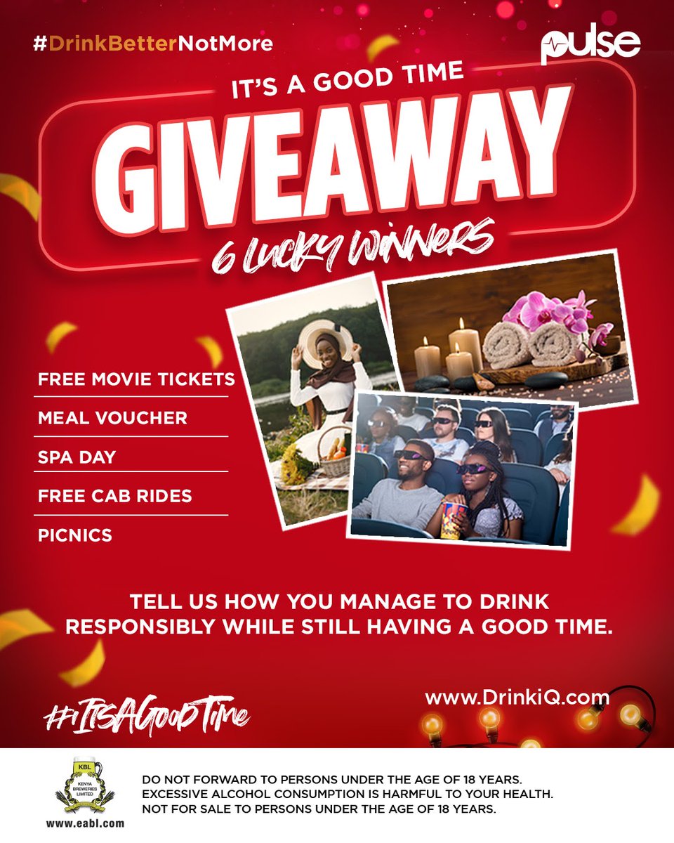 PulseLiveKenya's tweet photo. This festive season tumesema tunapiga sherehe bila hasara. Share with us how you manage to have fun while still having a good time and stand a chance to win! Simply follow all the instructions! 

#DrinkBetterNotMore #ItsAGoodTime #FeatureByDiageo https://t.co/7O4oEfa1Wh