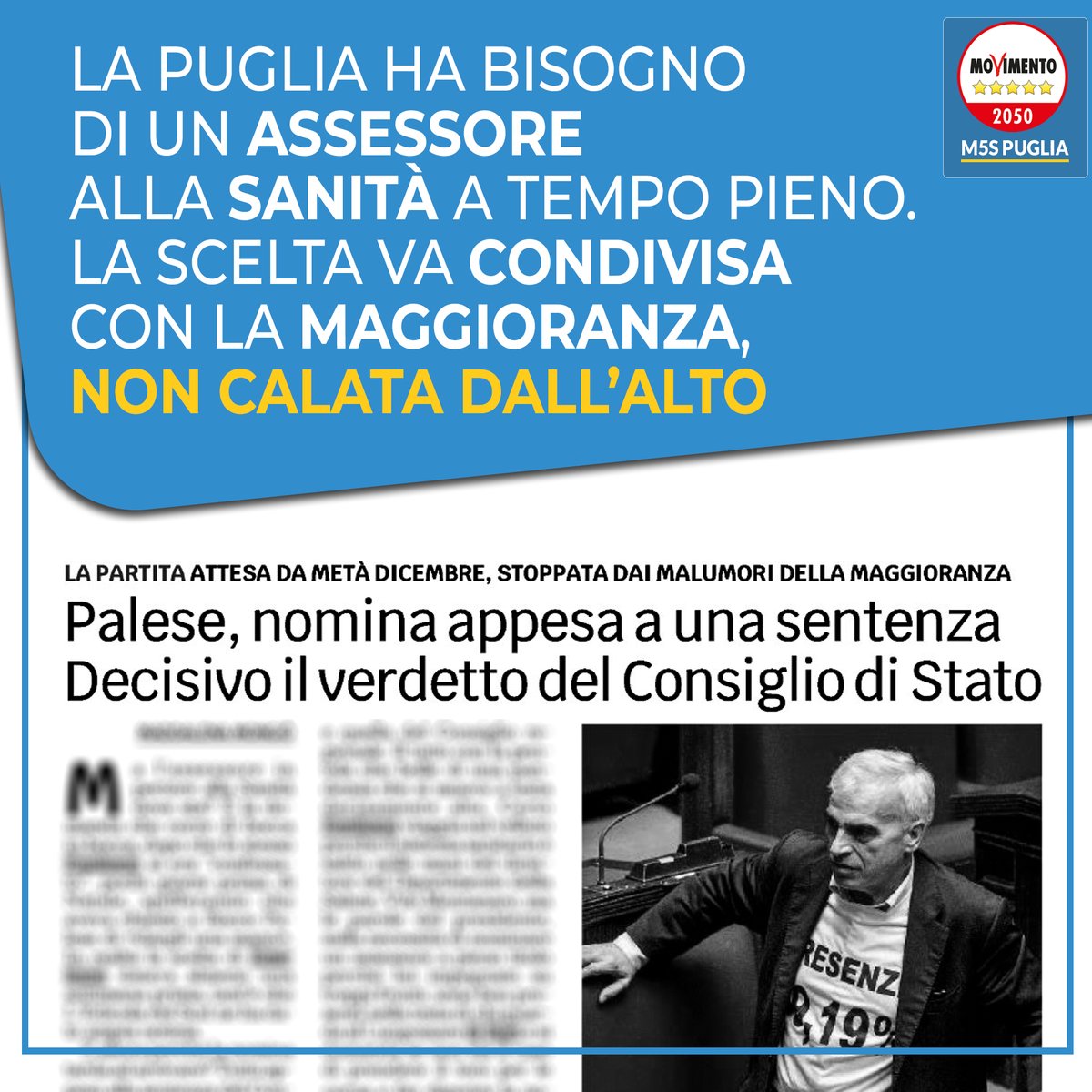 La #Puglia ha bisogno di un #assessore alla #Sanità a tempo pieno. La scelta va condivisa con l’attuale #maggioranza, non calata dall’alto 
facebook.com/14547353881606… #M5SPuglia #M5S