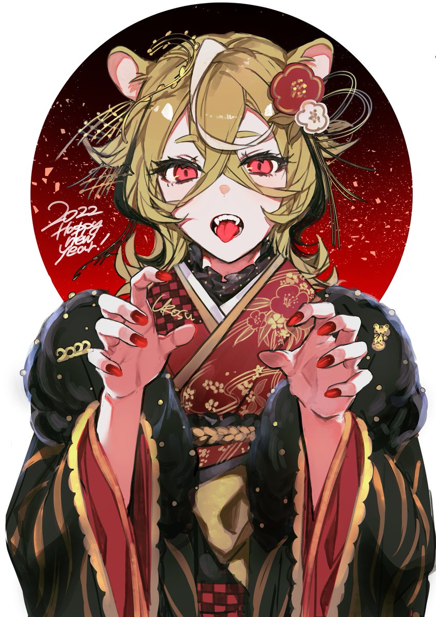 1girl animal ears red nails solo japanese clothes kimono hair between eyes  illustration images