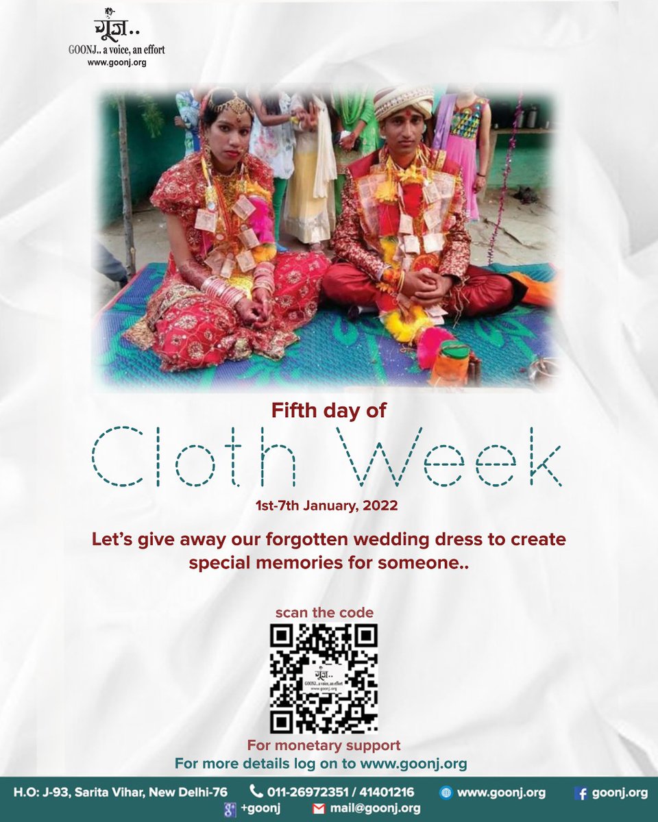 goonj's tweet photo. 5th Day of #ClothWeek.. Our wedding dresses are a source of joy and beautiful memories..Your wedding apparel, accessories lying packed somewhere can add a world of smiles to another boy/girl, making their wedding day extra special.
https://t.co/6a3drFakYG
#ClothDay #Goonj https://t.co/v4708SGlma