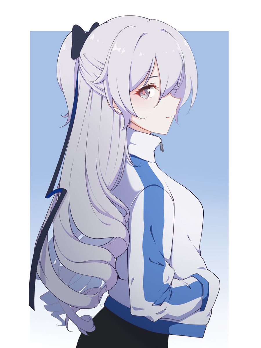 bronya zaychik 1girl solo jacket grey eyes long hair grey hair looking at viewer  illustration images