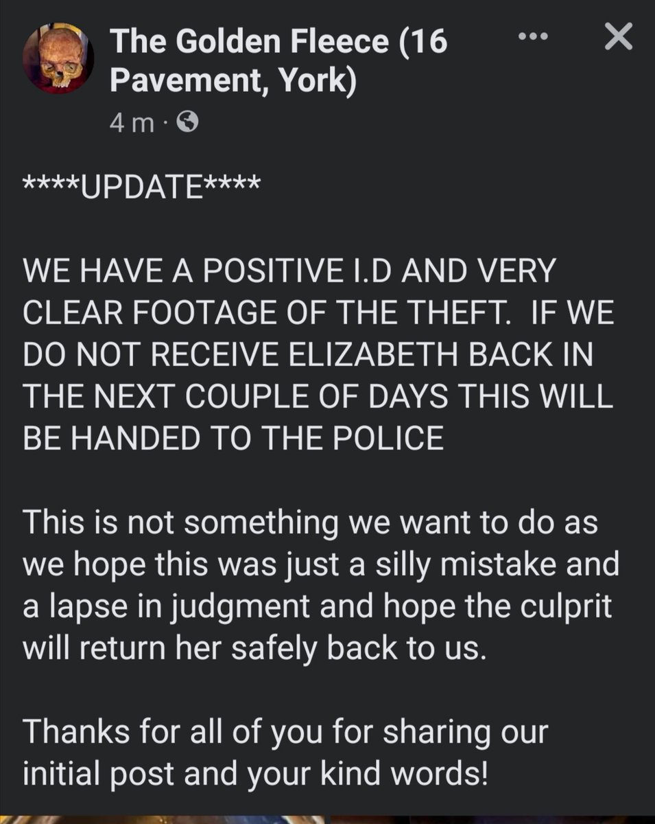 Update on the stolen skull from The Golden Fleece.

@YorkBeer <a href="/theyorkmix/">YorkMix</a>