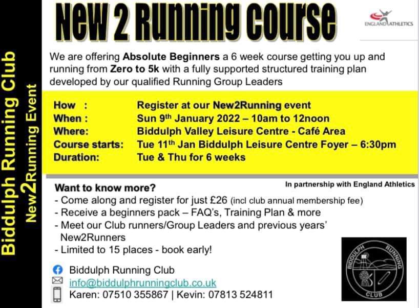 New 2 Running course this January with Biddulph Running Club 0-5k in 6 weeks, led by qualified Running Group Leaders
#LoveToRun #NewYearsResolution #5K

 <a href="/BiddulphTC/">BiddulphTC</a> <a href="/BiddulphNub/">Biddulph Nub News</a> <a href="/BiddulphSports/">Biddulph Sports Council</a> <a href="/AndBiddulph/">Biddulph and Proud</a>